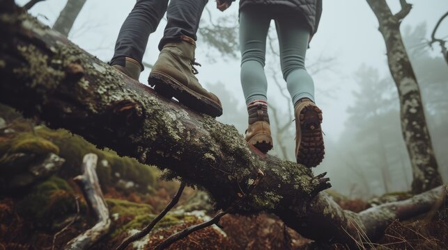 Jungle Challenge: In a low angle shot, an Asian couple attempts to climb over a log in a raining jungle, with the focus on their trekking shoes in this adventurous and challenging trek