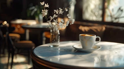 Foto op Canvas Hot Coffee cup and Artificial plant on the marble stone table and the coffee shop background with copy space - AI Generated © Curva Design