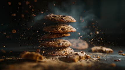 Chocolate chip cookies falling in stack on dark background, food levitation - AI Generated - obrazy, fototapety, plakaty