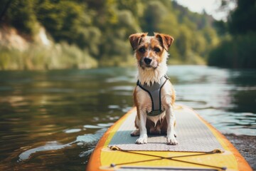 Small dog on a paddleboard wearing a safety harness on a calm river.