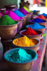 Assortment of colorful Holi powder displayed in traditional bowls, highlighting the vividness and cultural significance of the festival