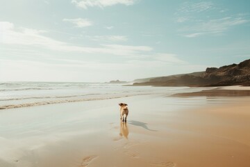 Dog running towards the waves on a sandy beach.