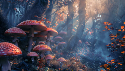 Fototapeta na wymiar Enchanted Forest with Red-Capped Mushrooms and Misty Light