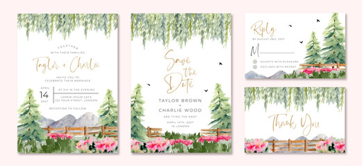 wedding invitation suite with beautiful watercolor landscape