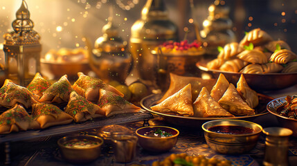Close-up of variety of food during Iftar meal on Ramadan, Dates, Samosas, Haleem, Baklava, Qatayef, Fattoush - AI Generated