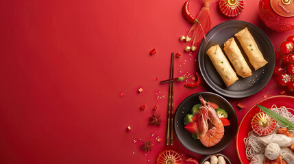 Obraz na płótnie Canvas top view Traditional Chinese lunar New Year dinner table, Dumplings, Spring rolls, Nian gao (glutinous rice cake), Fish, Longevity noodles, Tangyuan (sweet rice balls) with copy space - AI Generated