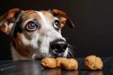 Eager dog eyeing homemade treats on a dark background, showing anticipation.