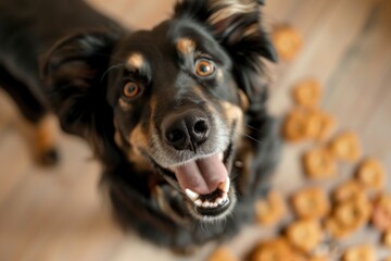 Happy dog with a sheepish grin surrounded by scattered treats on the floor. a dog showing a sheepish grin after being caught in the act of stealing snacks, caught red-handed but unapologetic