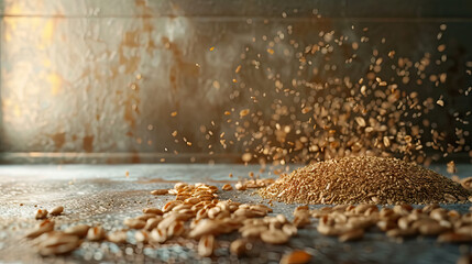 flying wheat grains on rusty background with copy space - AI Generated - obrazy, fototapety, plakaty