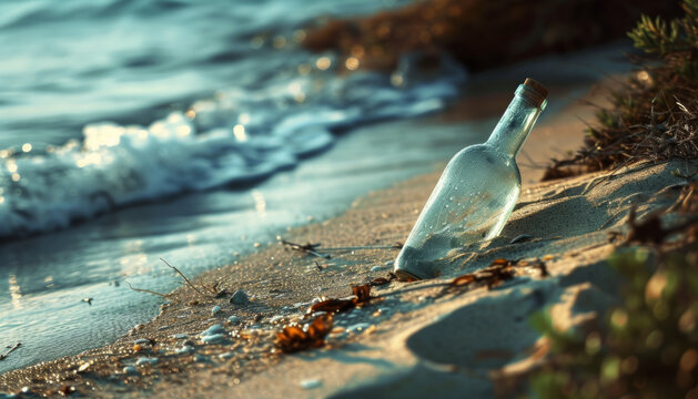 Message in a Bottle on a Sandy Beach Shoreline at Sunrise