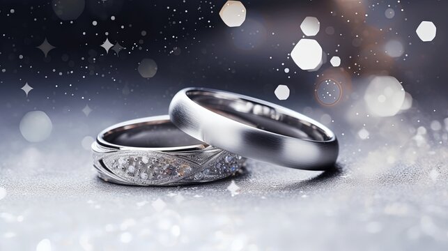 Beautiful silver background with wedding rings and stars