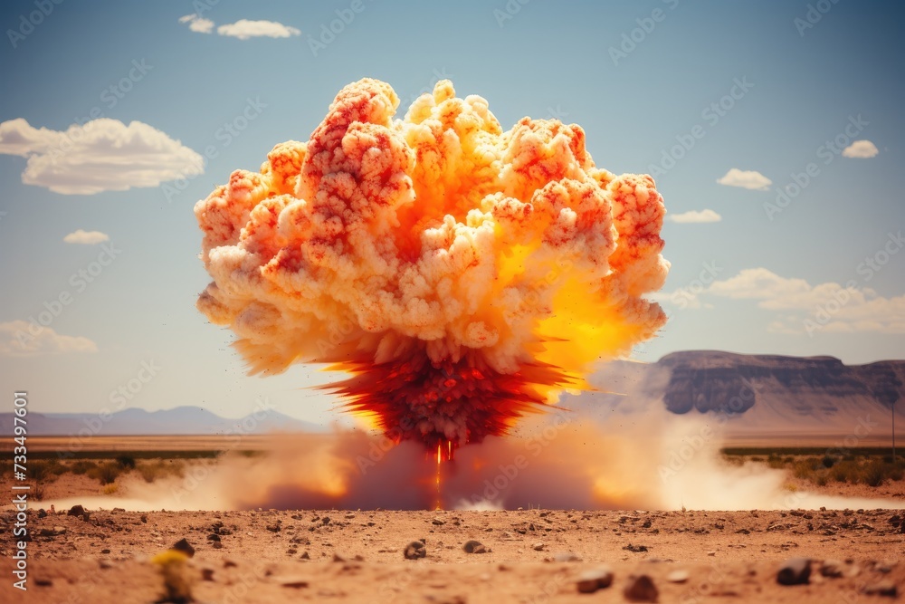 Poster a large explosion is exploding in the desert. generative ai.