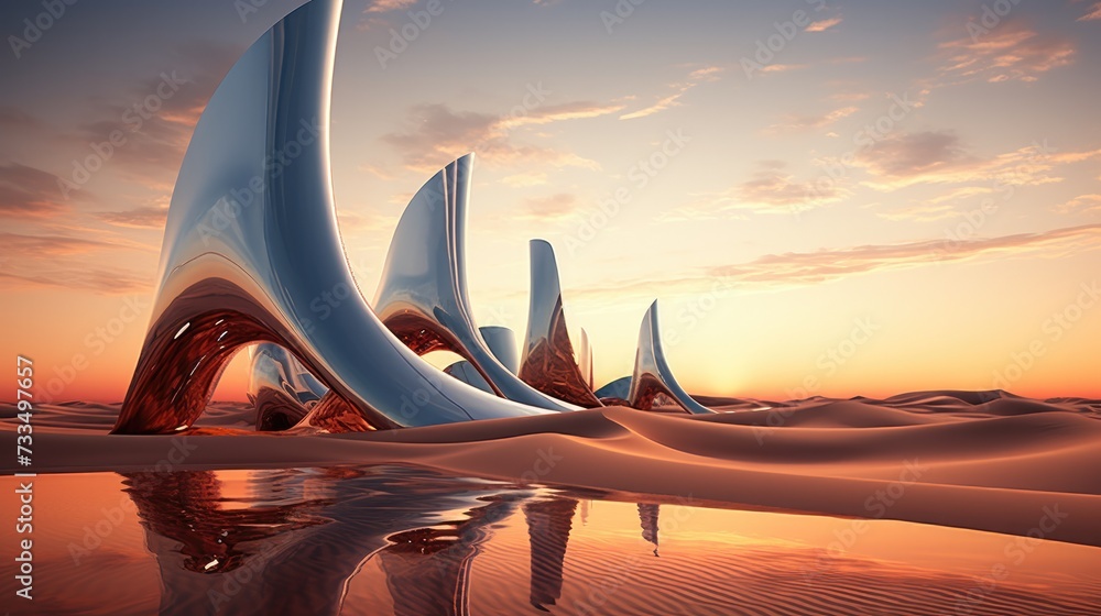 Poster A desert with futuristic buildings. Generative AI.