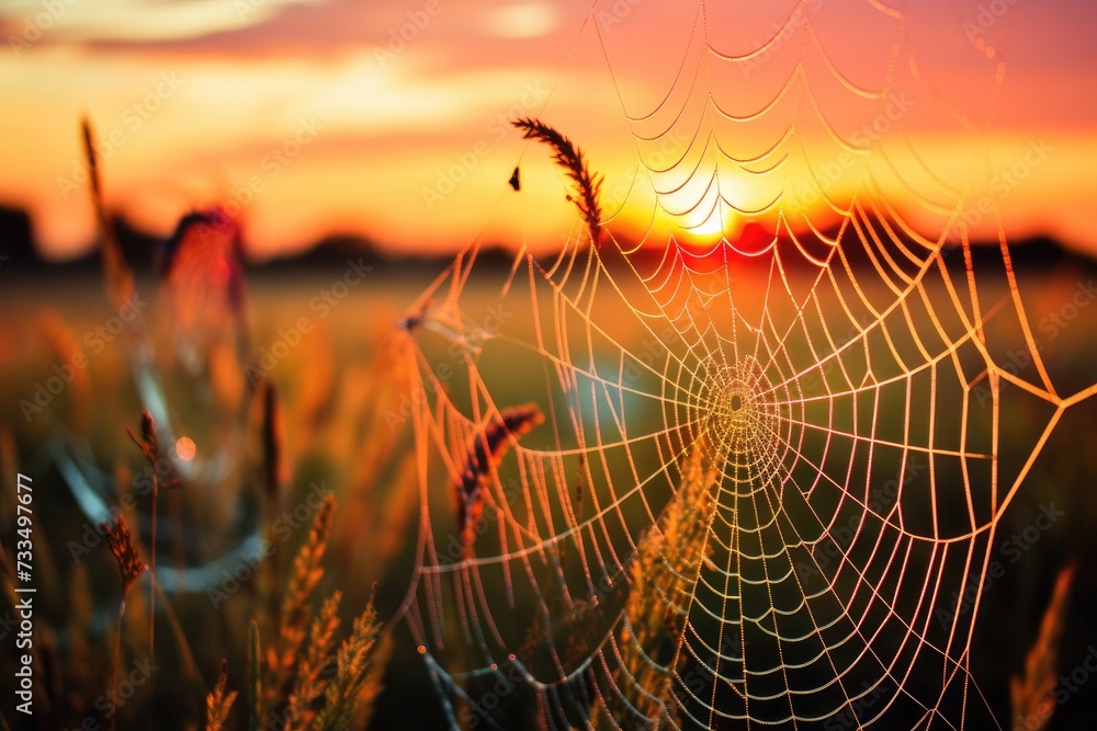 Poster a spider web in the middle of a field at sunset. generative ai.