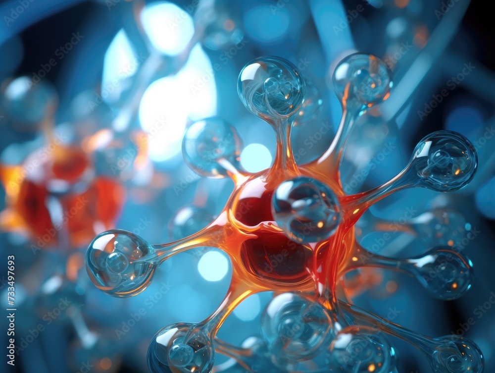 Poster a close up of a cell with a red and orange nucleus. generative ai.