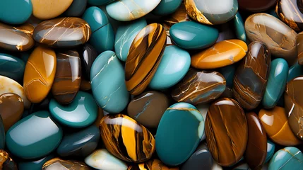 Keuken spatwand met foto Gemstone Tapestry. A stunning collection of polished gemstones in a variety of shapes, their rich turquoise and golden brown hues gleaming under a light source, showcasing the natural beauty  © Yuliia