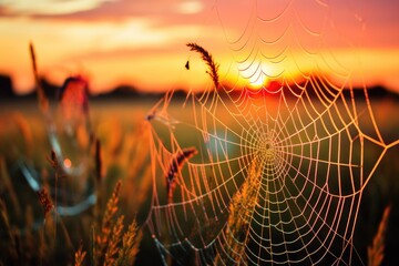 A spider web in the middle of a field at sunset. Generative AI. - Powered by Adobe