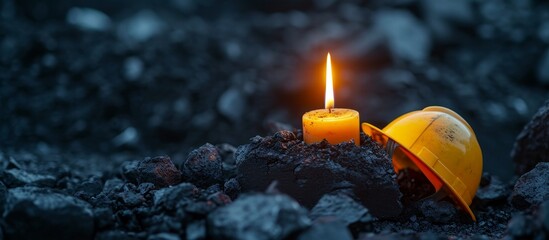 After the mine accident, a candle with a mining helmet is placed on top of coal as a vigil light. - obrazy, fototapety, plakaty