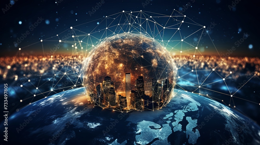 Poster communication technology for internet business. global world network and telecommunication on earth 