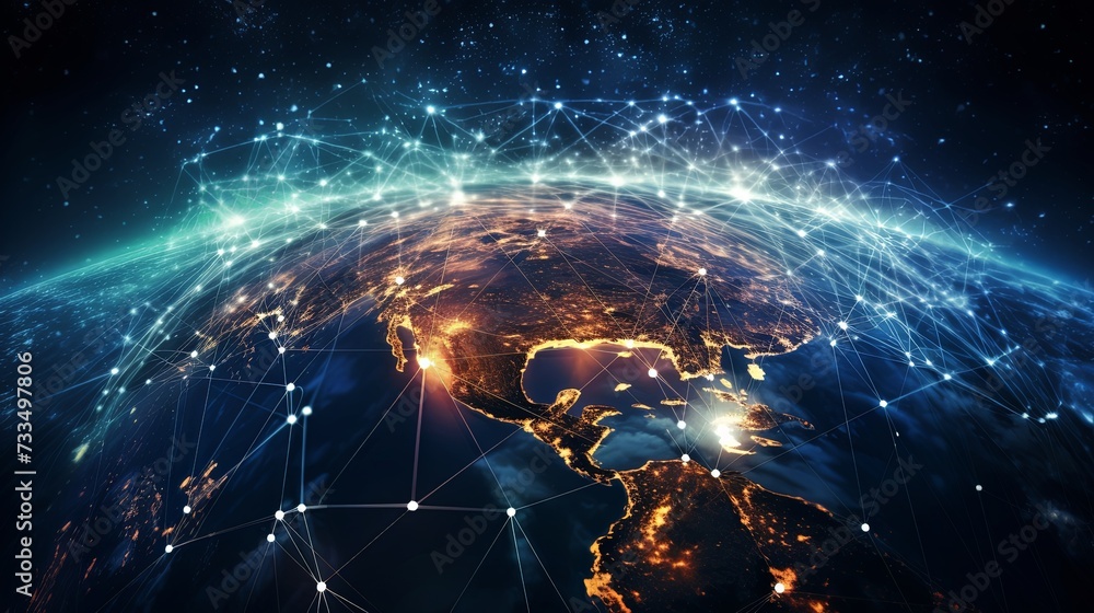 Poster communication technology for internet business. global world network and telecommunication on earth 