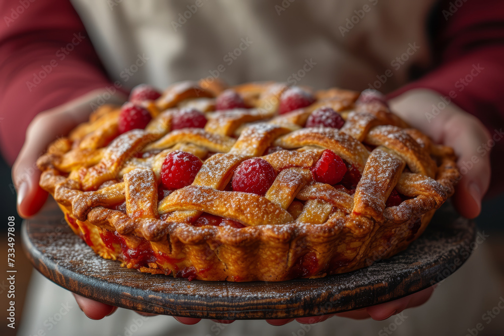 Poster a close-up of hands holding a homemade pie, emphasizing the collaborative effort and joy of creating