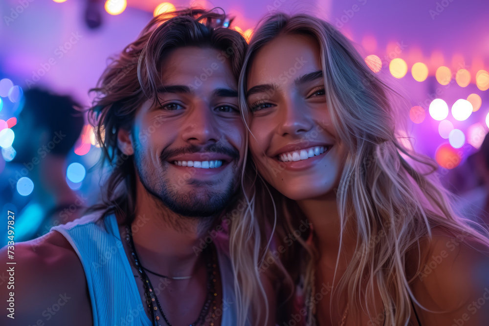 Wall mural A selfie of a couple at a music festival, encapsulating the thrill of shared experiences and vibrant live performances. Concept of music festival excitement. Generative Ai.