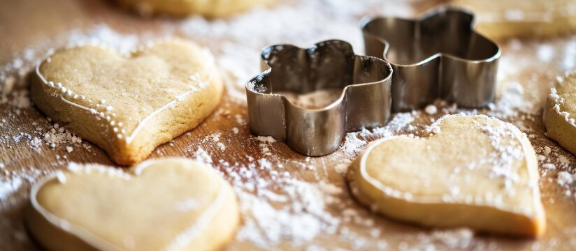 Holiday sugar cookies being cut out by heart-shaped cookie cutters - Powered by Adobe