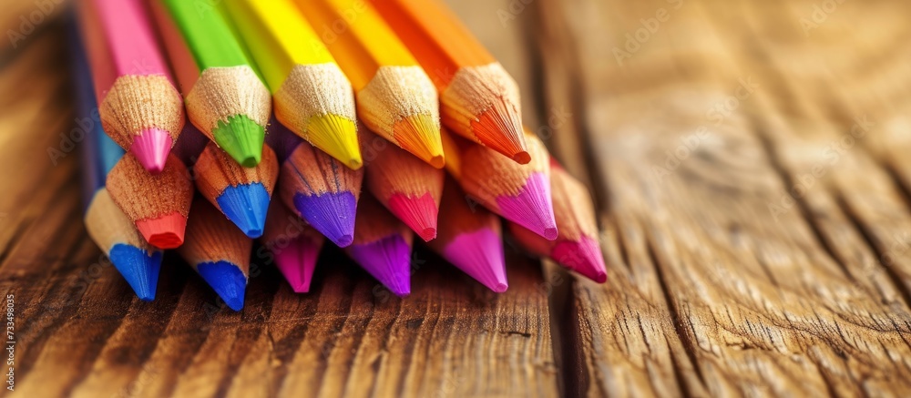 Poster Vibrant Stack of Colourful Wooden Pencils against a Background of Stacked Colourful Pencils on a Wooden Background