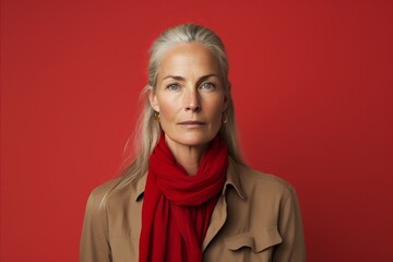 Portrait of mature woman in coat and red scarf on red background