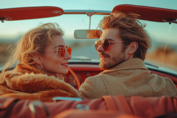 A couple on a road trip, cruising in a classic convertible with the wind in their hair, embodying...