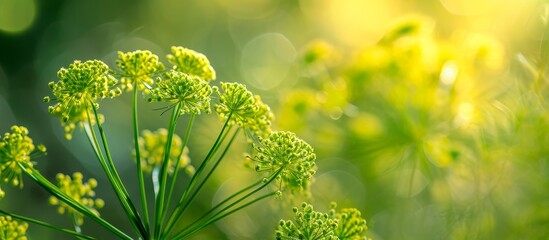 Close-up artistic focus on a blurred background of a green dill fennel flower. - obrazy, fototapety, plakaty
