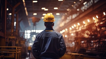 Industrial Engineer in Hard Hat Wearing Safety Jacket Walks Through Heavy Industry Manufacturing Factory with Various Metalworking Processes.