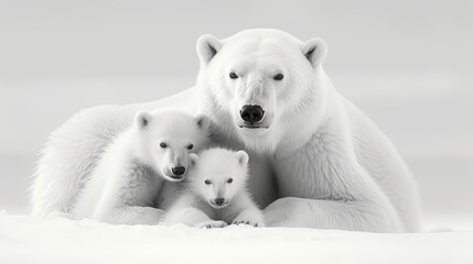 Obraz premium Polar she-bear with cubs. A Polar she-bear with two small bear cubs. Around snow.Black and white photo.