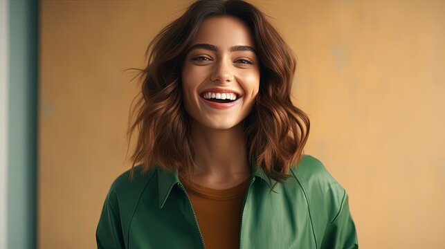 People, beauty and lifestyle concept. Shot of attractive sensual woman with wide smile dressed in green jacket and brown T-shirt smiling broadly being happy to meet her best friend. Joyful nice female