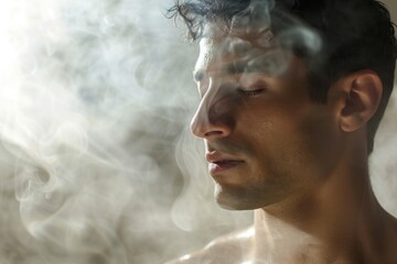 Close-up of a man's face in a misty steam room. showcasing the benefits of steam for skin health