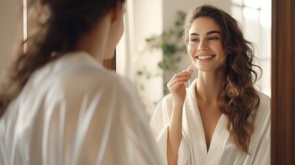 Obraz na płótnie Canvas Self-Care Concept. Portrait Of Attractive Young Female Looking At Mirror, Beautiful Woman Wearing White Silk Robe Touching Soft Skin On Face And Smiling, Enjoying Her Reflection, Selective Focus