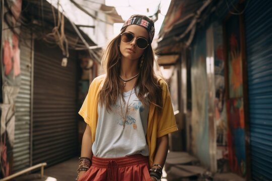 Beautiful young hipster girl in sunglasses and a yellow T-shirt posing on the street.