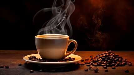 warm cup of coffee on brown background