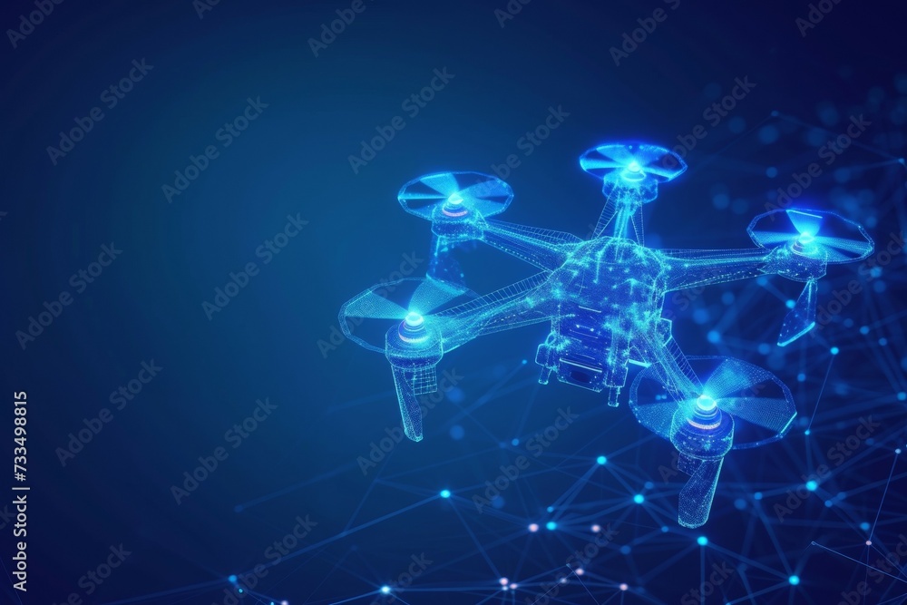 Poster drone hologram made of dots. invention and research concept. background with selective focus and cop