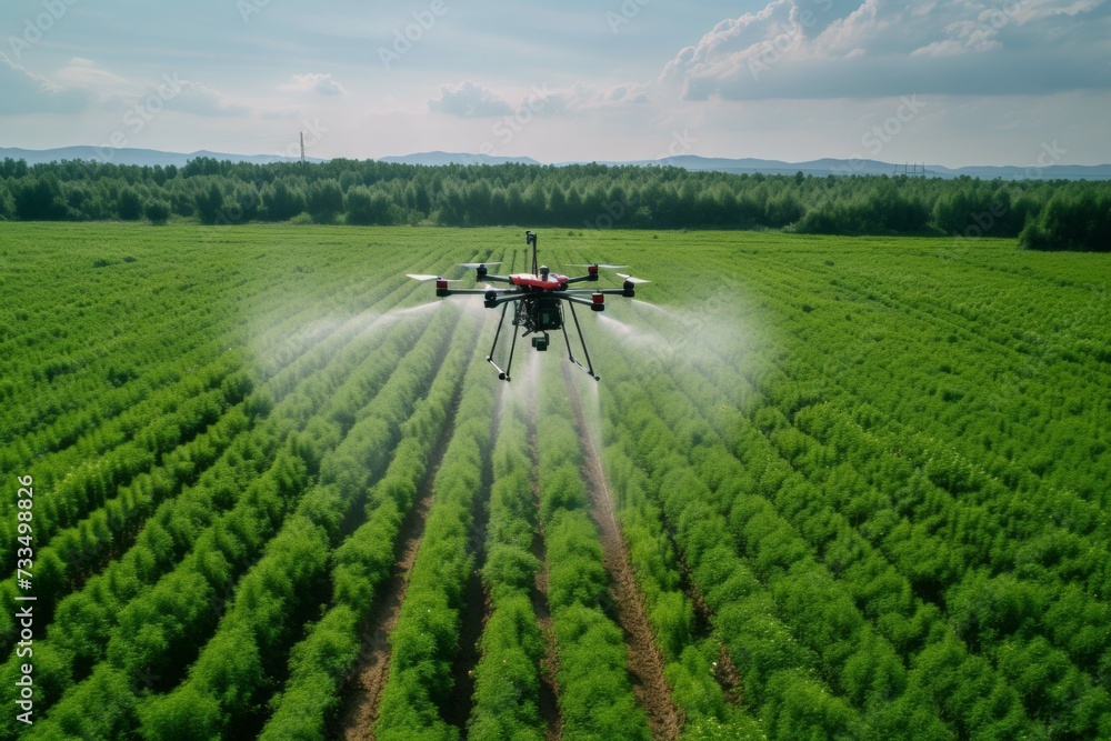 Aufkleber a modern drone irrigates a field on a farm with fertilizer. background with selective focus and copy