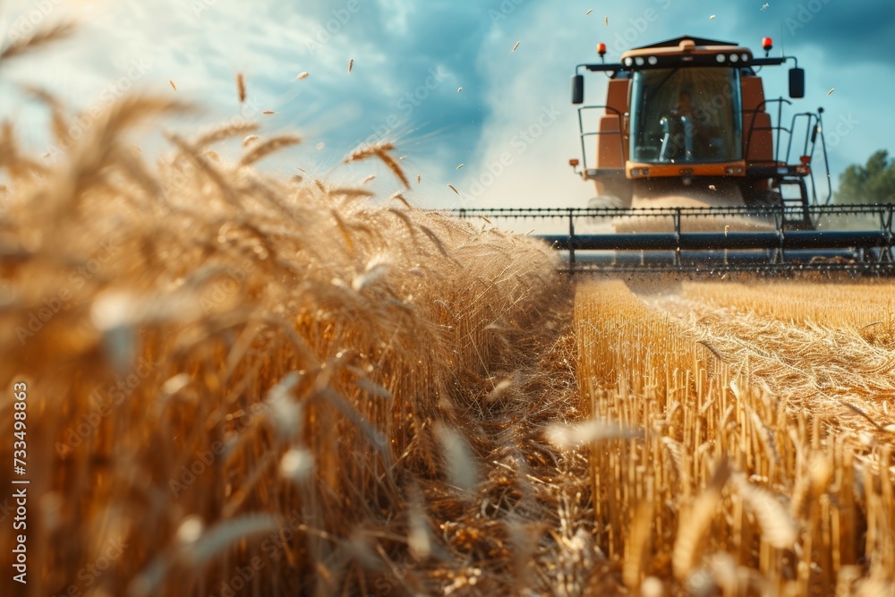 Aufkleber the combine harvests the crop on the field. background with selective focus and copy space
