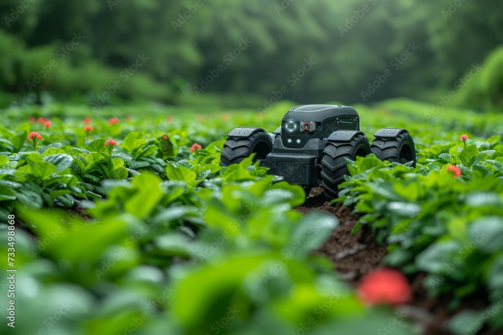 Poster modern farm with robots. background with selective focus and copy space