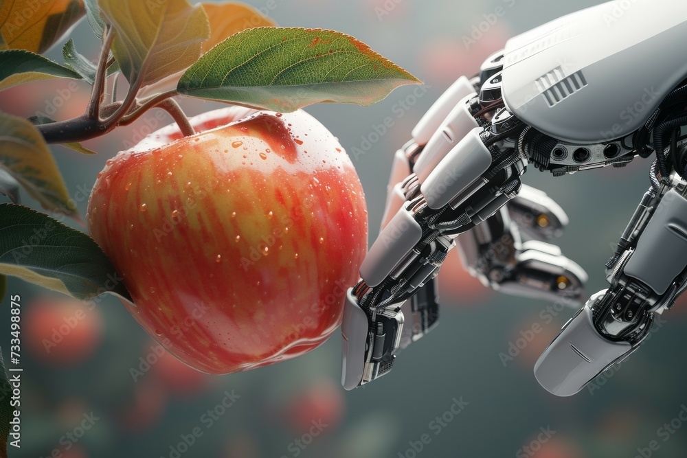Poster a robot hand works on a modern farm. background with selective focus and copy space