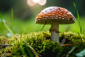 Fly agaric in the forest. Background with selective focus and copy space
