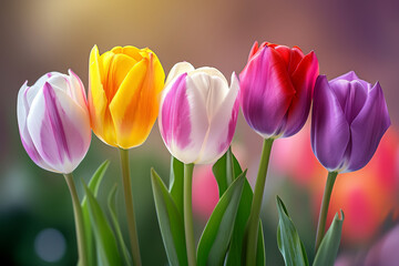 Row of colorful tulips. Background with selective focus and copy space