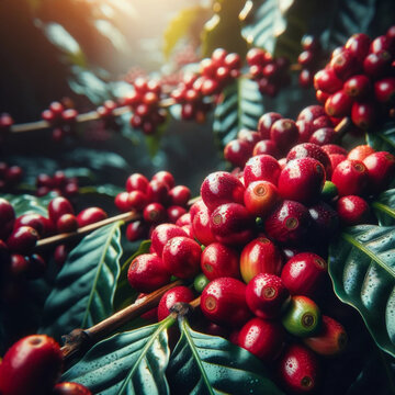 Ramos de café com cerejas vermelhas maduras e folhas verde-escuras destacam-se, evocando a riqueza da colheita.