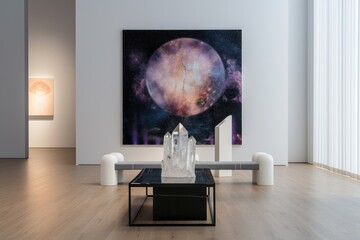 Modern interior with a large galaxy painting and a geometric crystal sculpture on a coffee table.