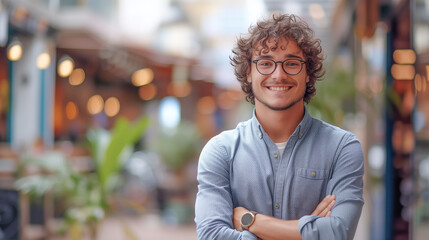 Obraz premium Photo of a smiling young happy owner posing confidently with arms crossed with his restaurant view blurred in the background 