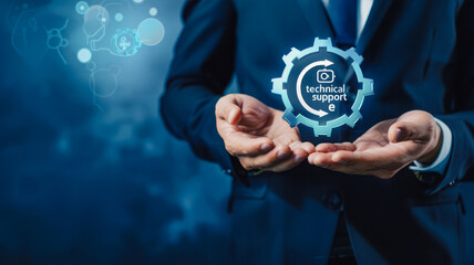 
Concept of Technical Support: A business professional holds an icon symbolizing post-sales customer service, encompassing services such as repairs, email newsletters, FAQs, and round-the-clock on-sit