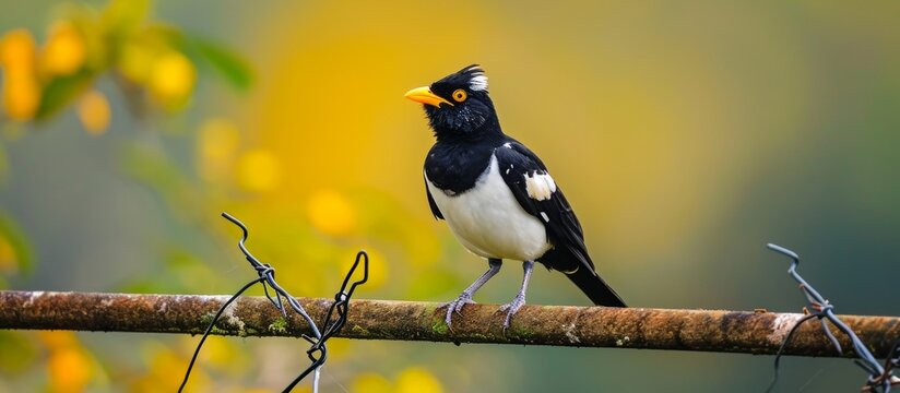 Pied myna seen on fence pole